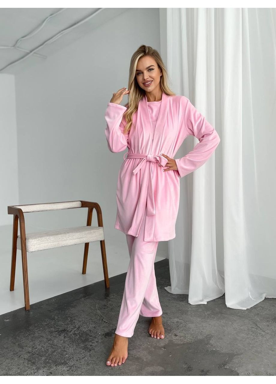 Рожева всесезон велюровий домашній комплект трійка Fashion