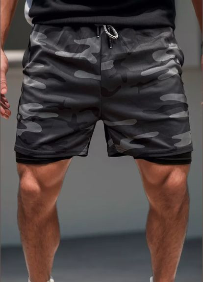 Мужские спортивные двойные шорты с тайтсами с петелькой для полотенца камуфляж серый No Brand (348317807)