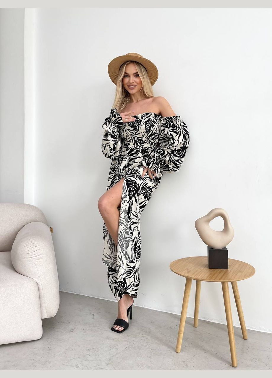 Чорна довга лляна сукня чорного кольору 32627 а-силует No Brand з квітковим принтом