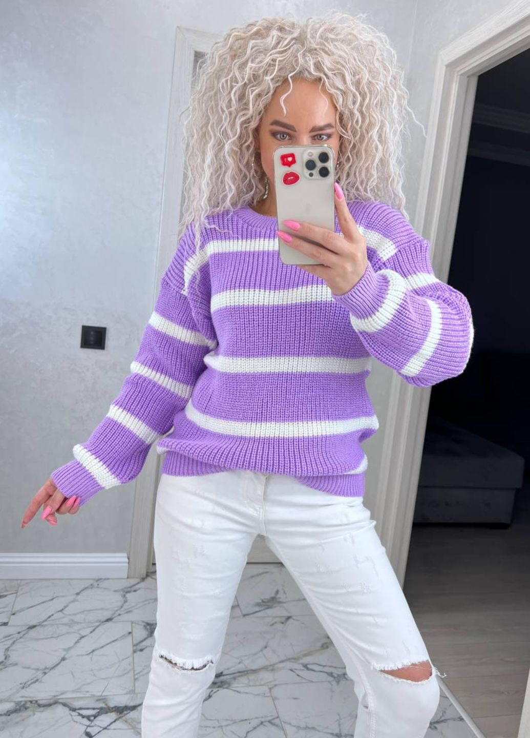 Лиловый демисезонный вязаный женский свитер в полоску. джемпер Allthings