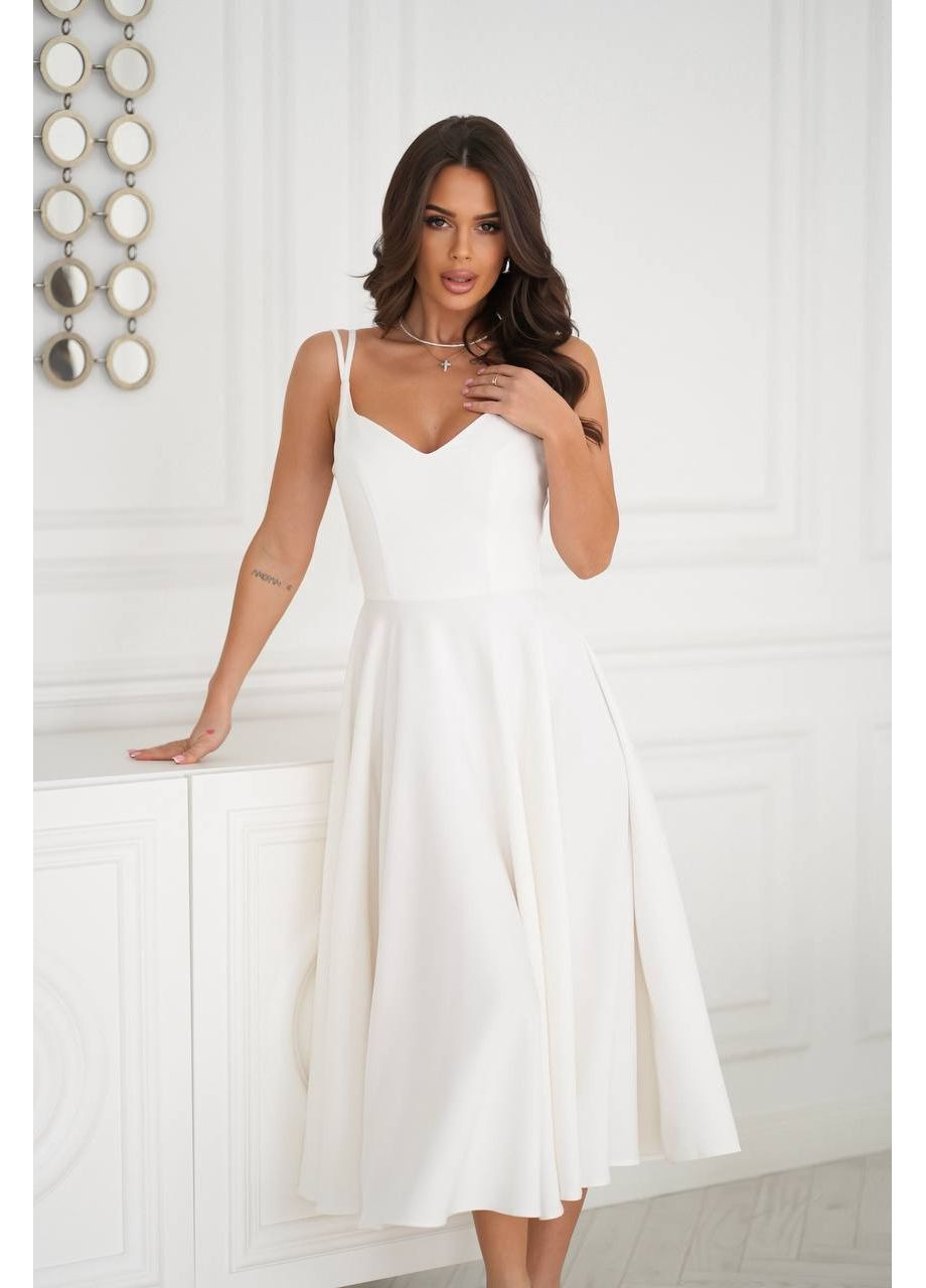 Молочна святковий, вечірня коктейльна сукня з міді-спідницею сонце та подвійними бретелями Україна однотонна