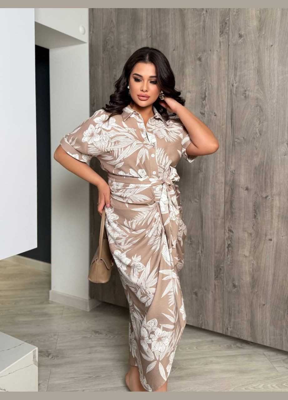 Бежевое деловое, кэжуал, коктейльное, вечернее женское платье рубашка No Brand