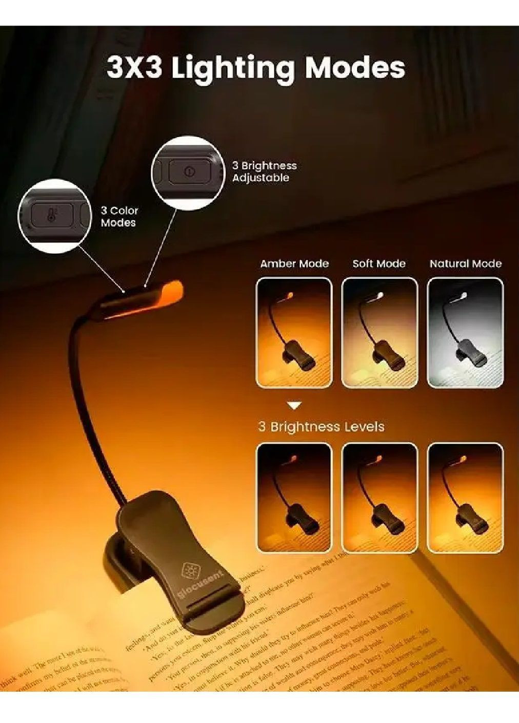 Лампа LED акумуляторна з прищіпкою гнучкою ніжкою регулювання яскравості для читання книг 3 колірних режими 3,7 Вт (482243-Prob) Unbranded (372350193)