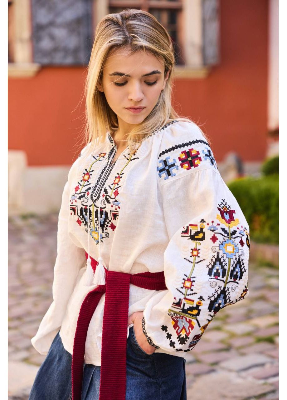 Белая женская вышиванка дерево рода со стильным орнаментом, 100% лен, цветная вышивка гладью, s-xl MOTYV узор орнамент лен (366239453)