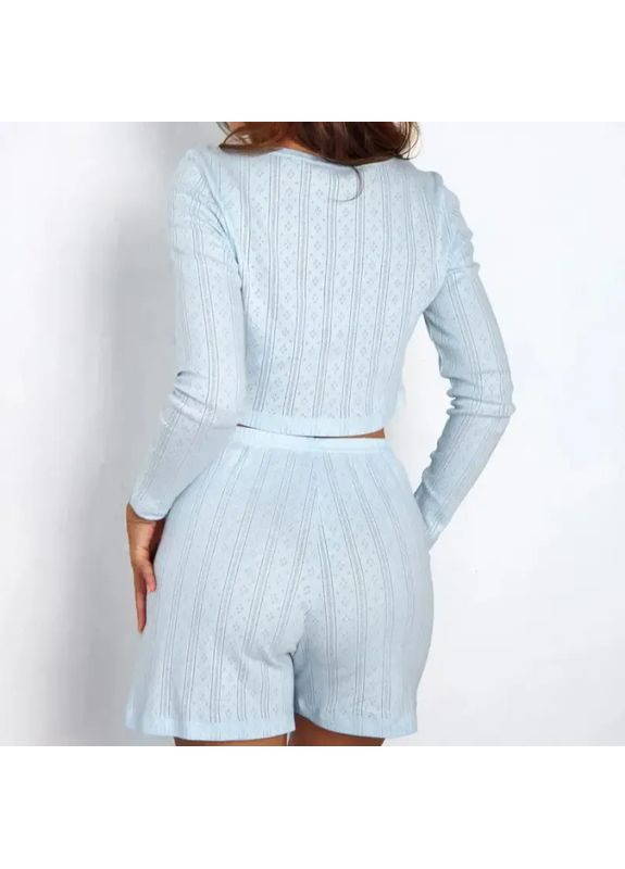 Блакитна всесезон домашній жіночий комплект: укорочена кофточка на гудзиках + шорти з високою талією No Brand Піжама