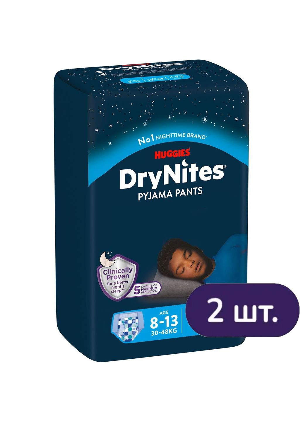 Подгузники-трусики для мальчиков DryNites 8-13 лет (30-48 кг), 18 шт. (2 уп. x 9 шт.) Huggies (327223412)