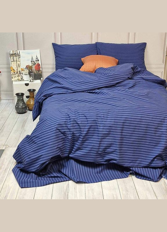 Постельное белье Синий страйп Полуторное на резинке Бязь Люкс MERISET (335051955)