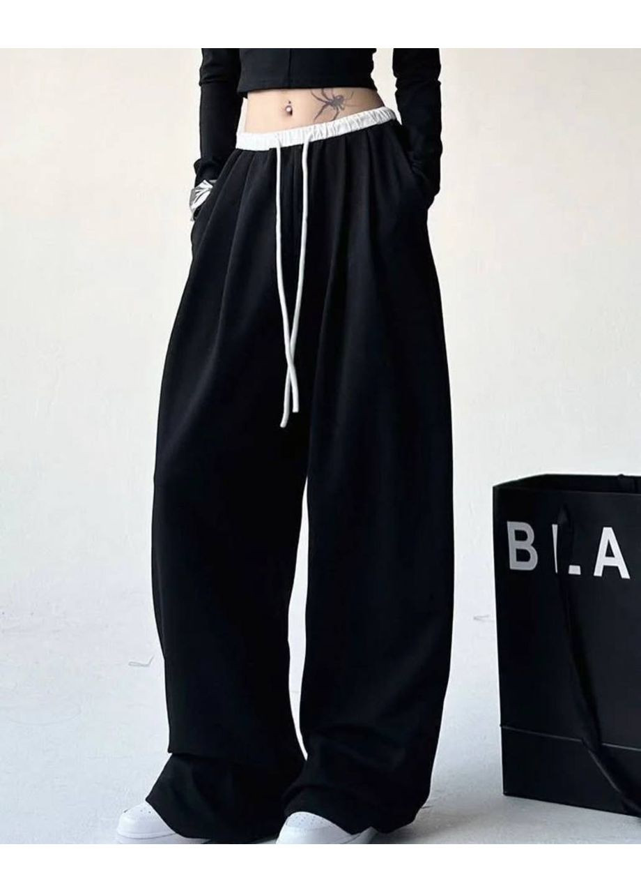 Базовые черные штаны с белым поясом на высокой посадке No Brand 1770 (350313996)