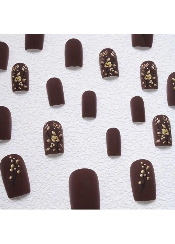 Накладні нігті з клеєм і пилкою 24 шт, набір накладних нігтів матовий шоколад із золотим флористичним дизайном No Brand (370290229)