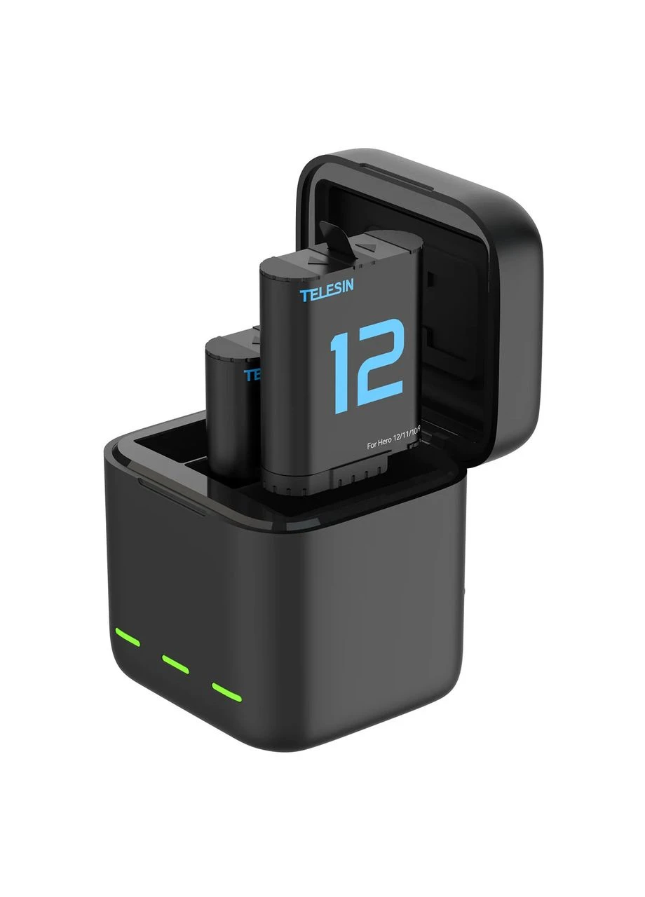 Зарядка и 2 аккумулятора GoPro 12/11/10/9 1750mAh S0-BCG-04-TGP, USB Type-C, три слота, быстрая зарядка Telesin (396278201)
