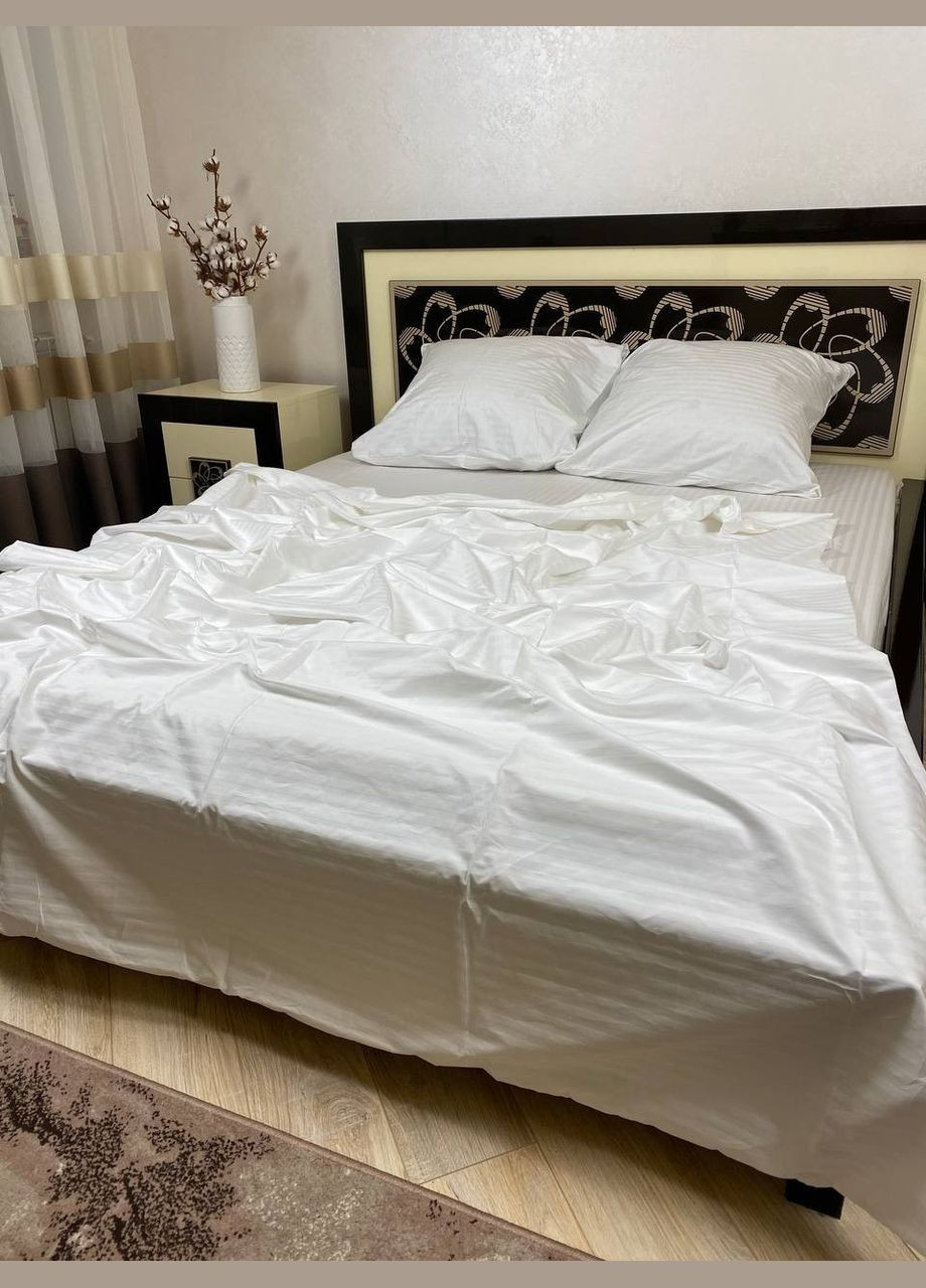 Постельное белье хлопковое в полоску Двуспальное 180 x 220 Страйп сатин 70 x 70 Белое No Brand (332945933)