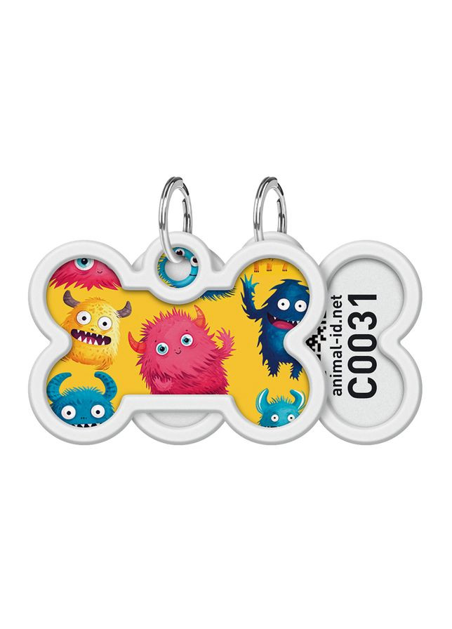 Адресник для собак металевий Smart ID c QR паспортом, «Волохаті монстри», кістка, Д 40 мм, Ш 28 мм WAUDOG (330245333)