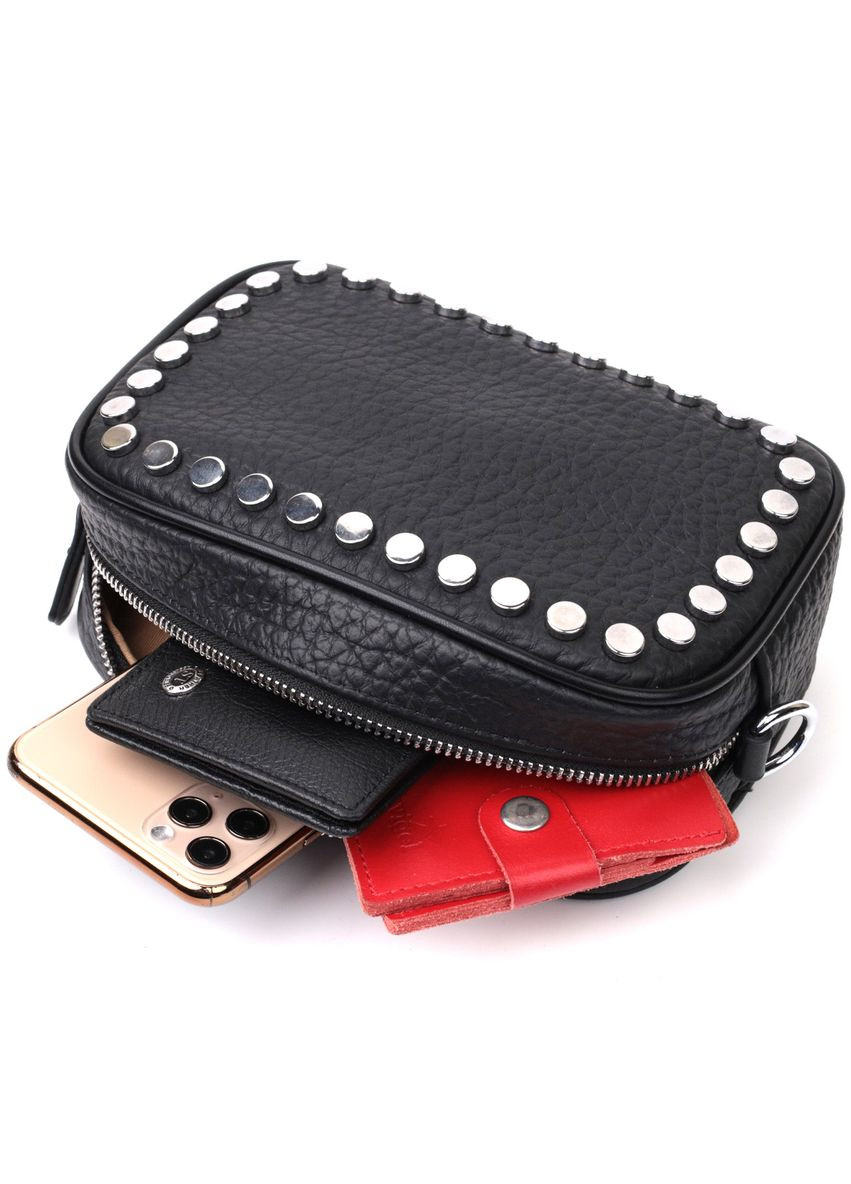 Стильная сумка декорирована металлическими кнопками из натуральной кожи. 22333 Черная Vintage (331907888)