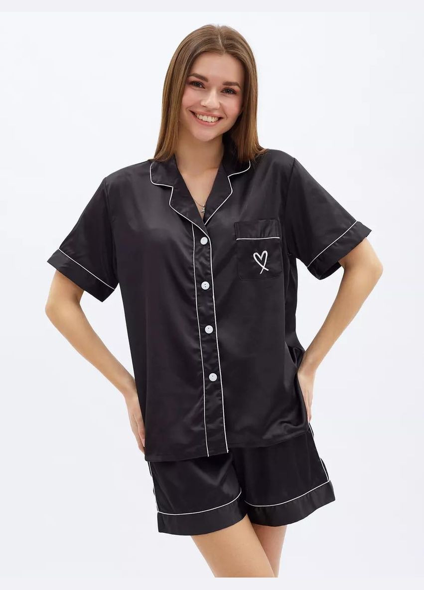 Черная всесезон женская атласная пижама свободного кроя с принтом домашний летний пижамный комплект на пуговицах с сердечком рубашка + шорты рубашка + шорты Cindylove