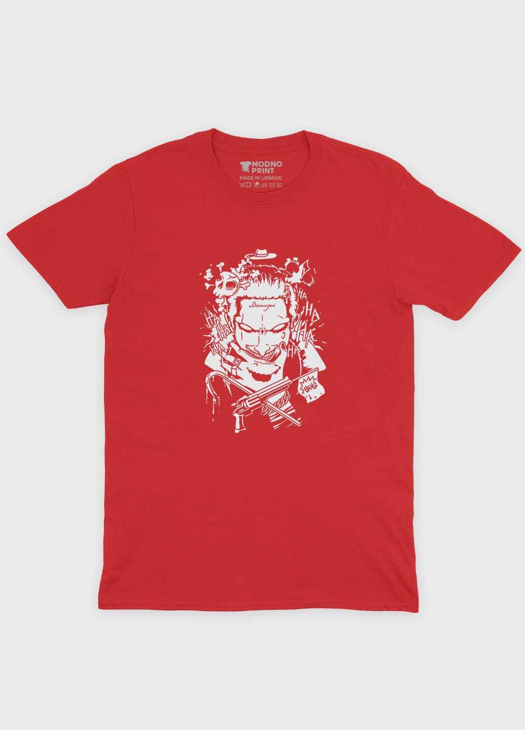 Червона демісезонна футболка для хлопчика з принтом суперзлодія - джокер (ts001-1-sre-006-005-016-b) Modno
