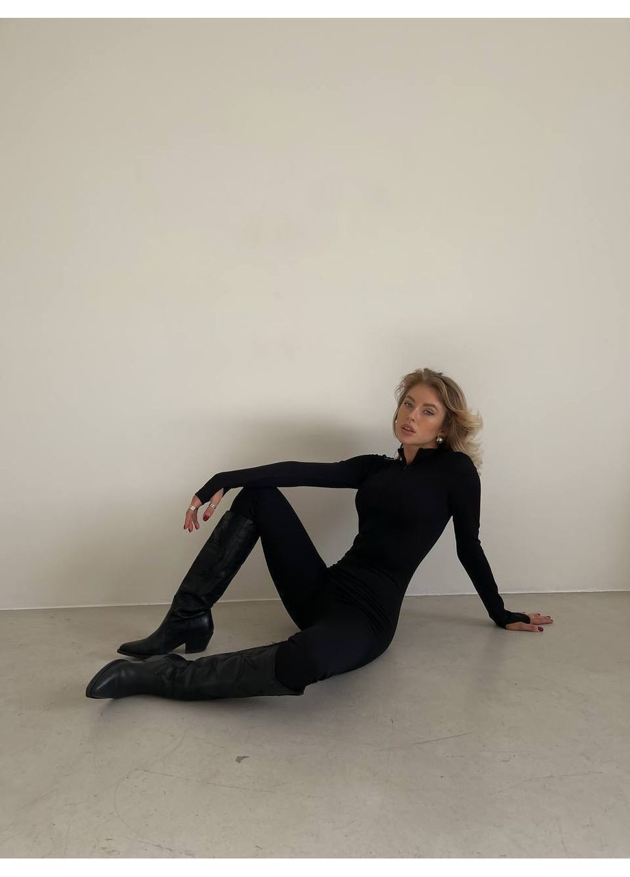 Женский комбинезон FINO Mode комбинезон-брюки чёрный спортивный, повседневный, вечерний, кэжуал трикотаж с начесом