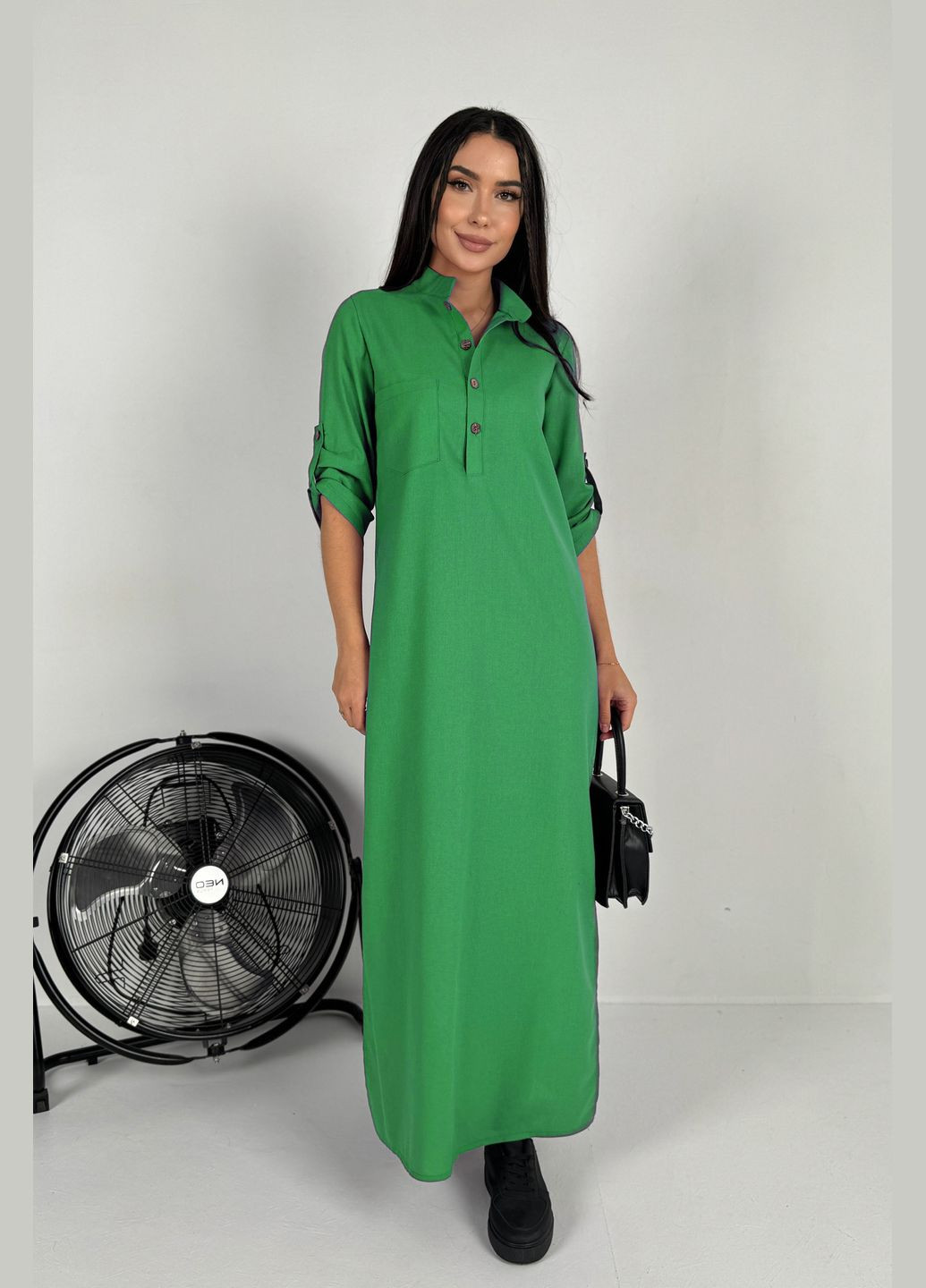 Зелена повсякденний, кежуал стильна літня повсякденна сукня з льону INNOE однотонна