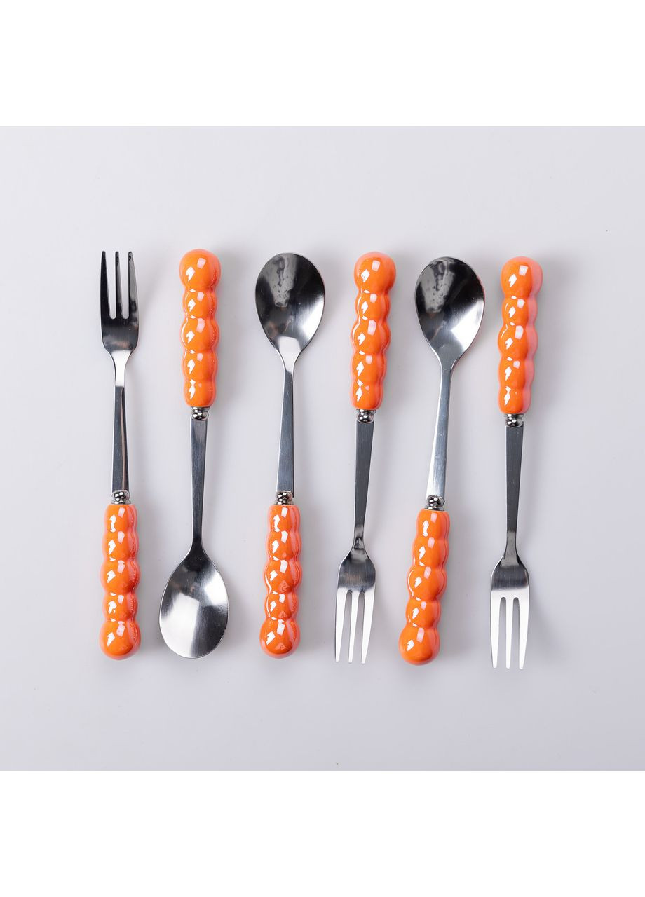 Набор десертных вилок и ложек с керамическими ручками и подставкой для 3 персон, 7 приборов Оранжевый Yiwu (360456774)
