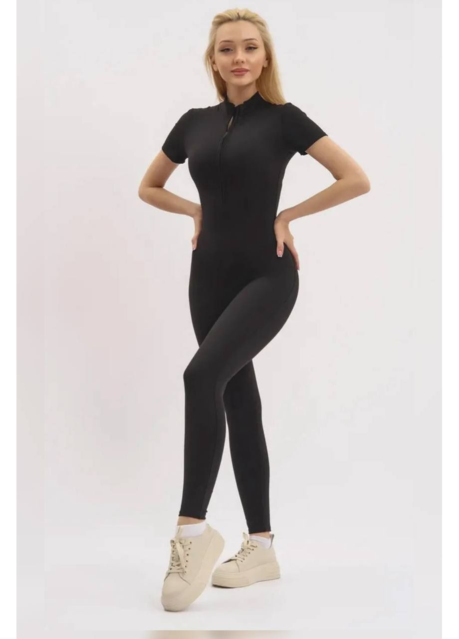 Комбинезон на змейке Soda комбинезон-брюки однотонный чёрный спортивный, повседневный микрофибра