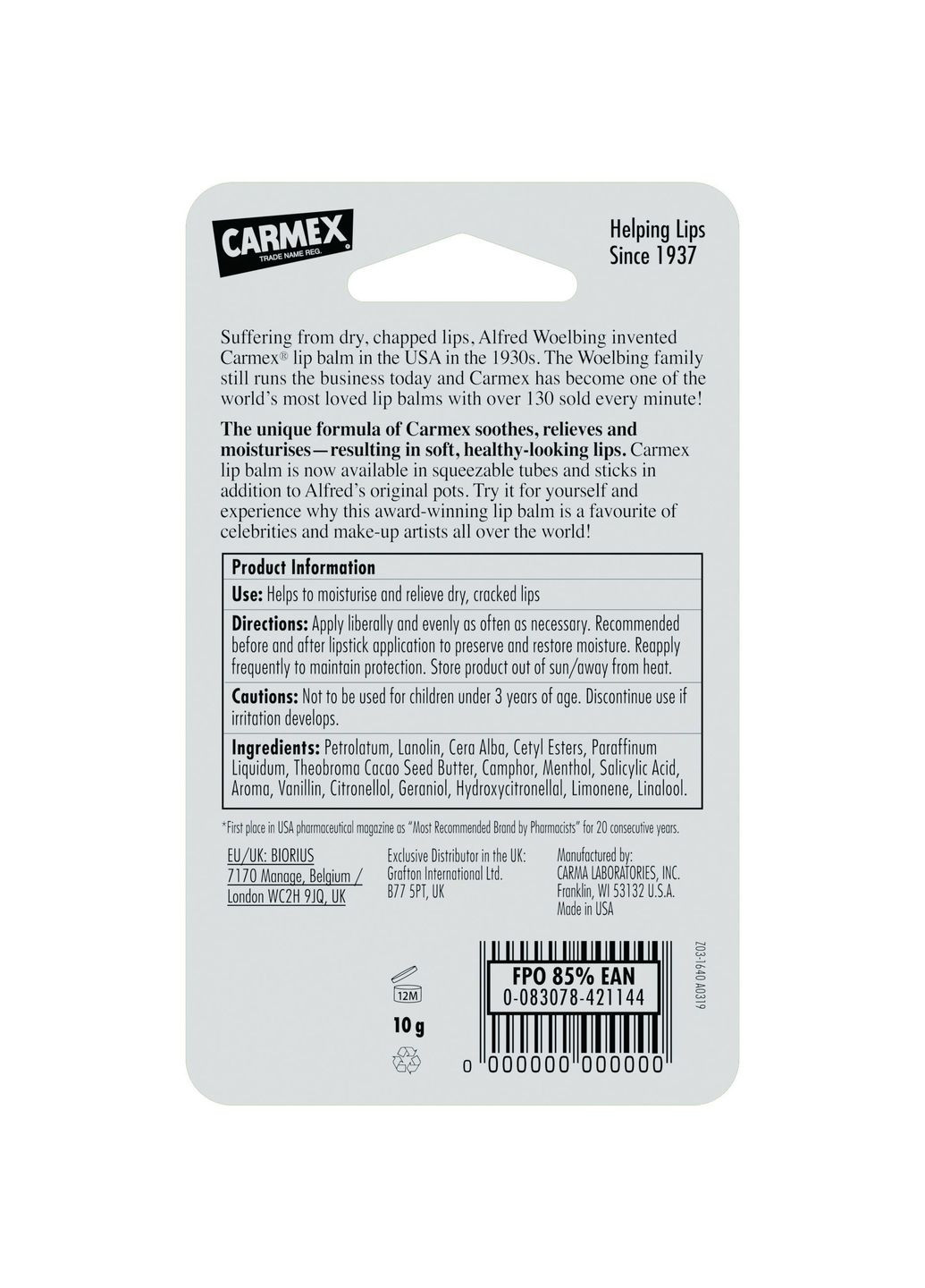 Бальзам для губ Классический, 10 г Carmex CX110 (331789806)