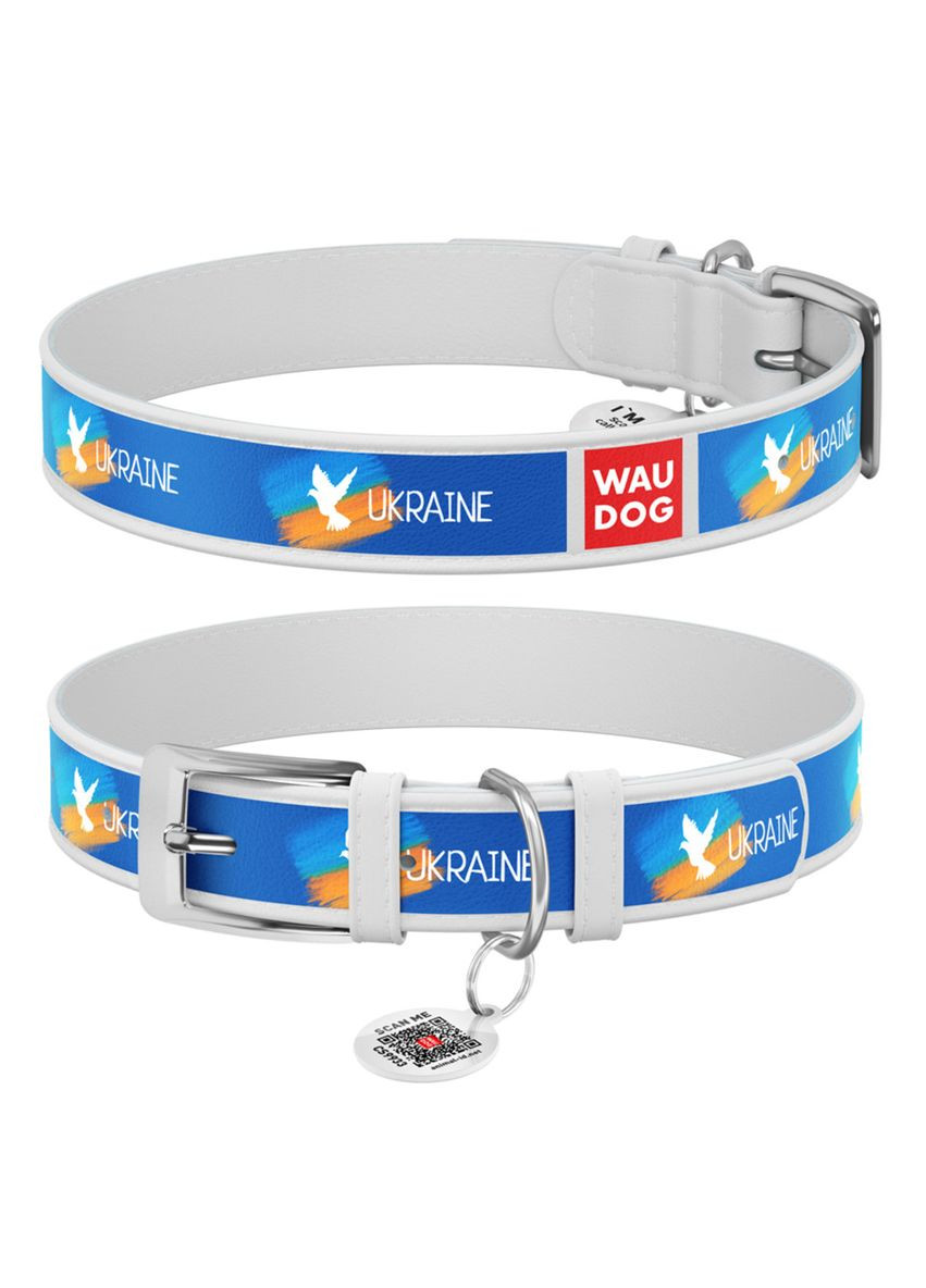 Ошейник для собак кожаный WAUDOG Design с QR паспортом, рисунок Флаг ХХS, Ш 12 мм, Дл 18-24 см белый Collar (321970393)
