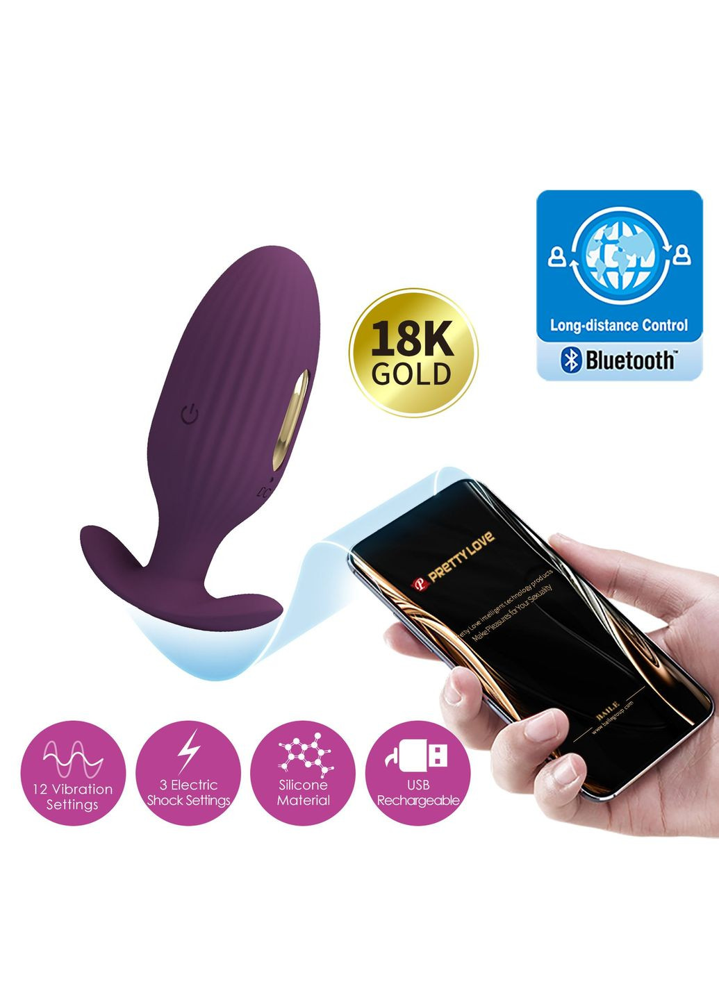 Анальный вибратор Jefferson с электростимуляцией, с приложением,, 9.2 х 3.4 Pretty Love (361670359)