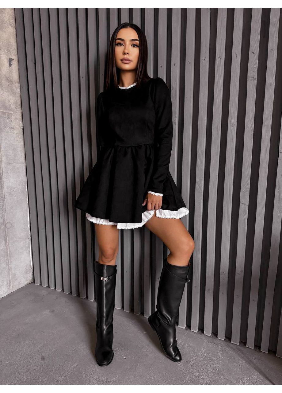 Черное комбинированное платье мини черного цвета 31892 клеш Fashion однотонное