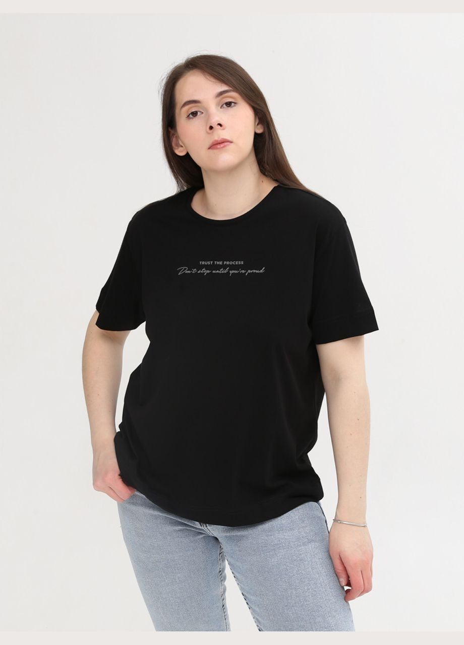 Женская футболка черная хлопковая с надписью прямая MDG Пряма - (294755951)