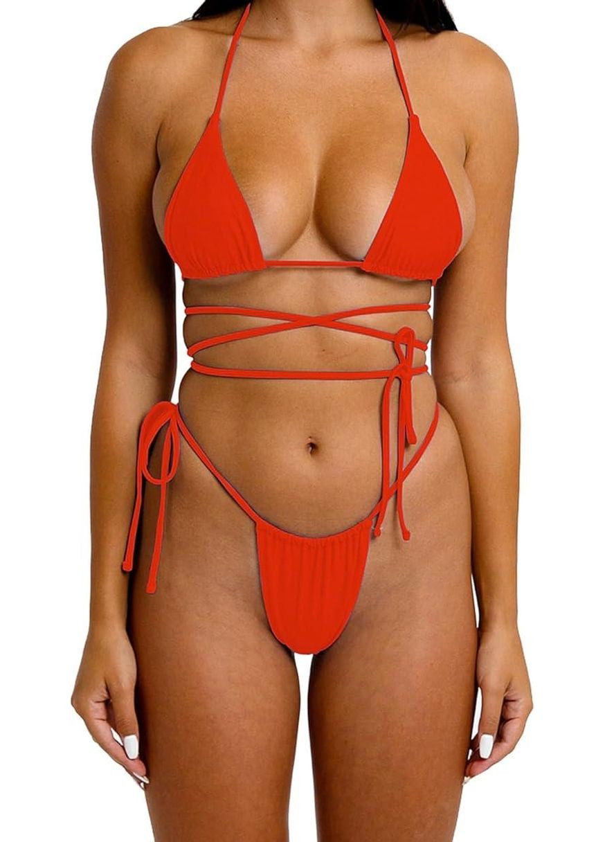 Красный раздельный купальник с длинными шлейками шибари, треугольники и танга s m l (44 46 48 50) красный Po Fanu