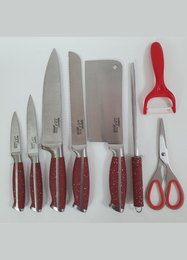 Набір кухонних ножів 9 предметів з підставкою червоний (2104618511) Zepline ZP-027 червоний, пластик, нержавіюча сталь