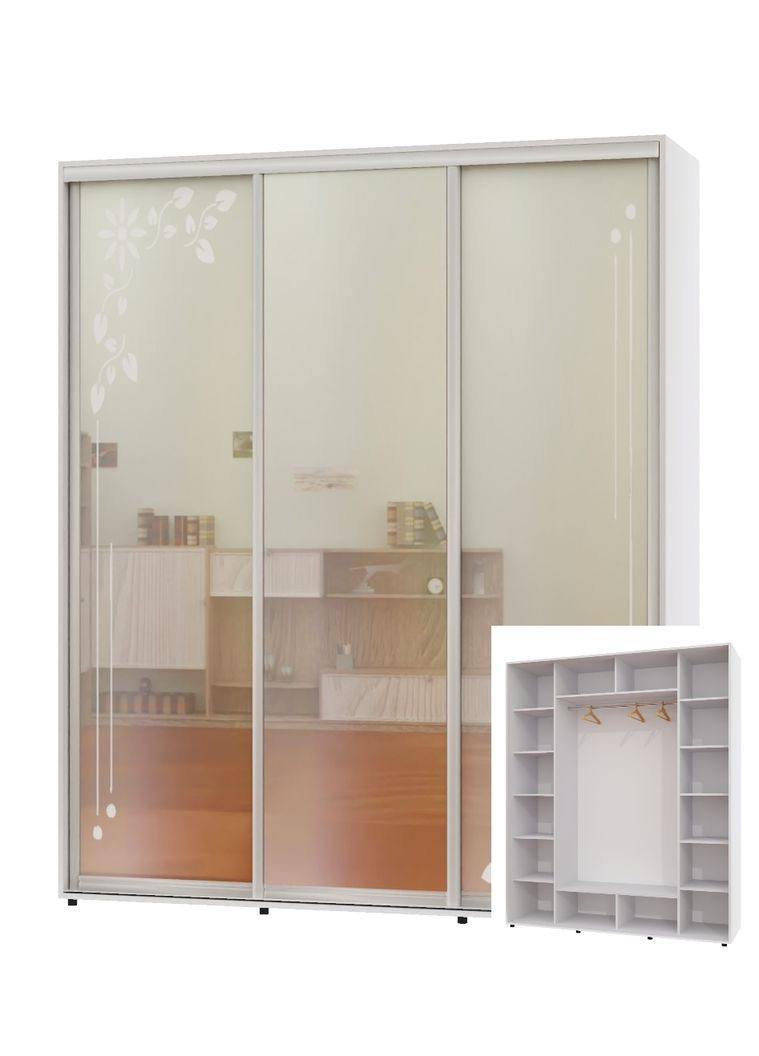 Шафа-купе тридверна 230*60*230 Білий 2 Дзеркала з піскострумним малюнком/Дзеркало ШК-05 Алекса (360453299)