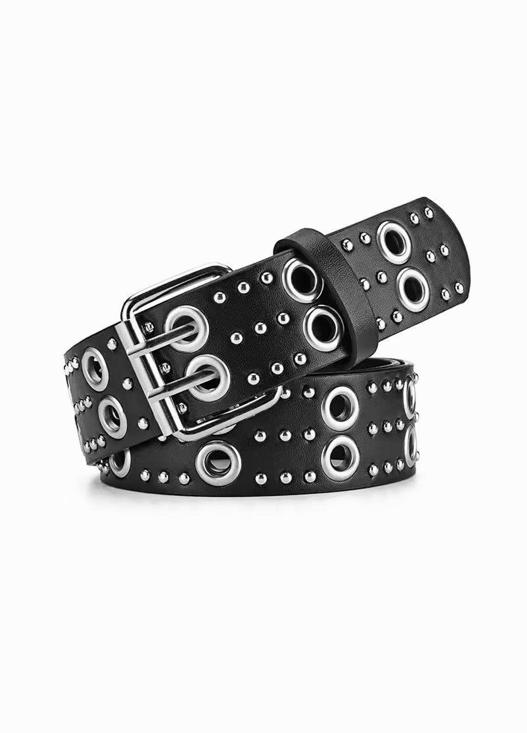 Ремінь на пояс з екошкіри "Заклепки 3 ряди" з люверсами та металевою пряжкою Чорний, Унісекс WUKE No Brand Ремінь (309020972)