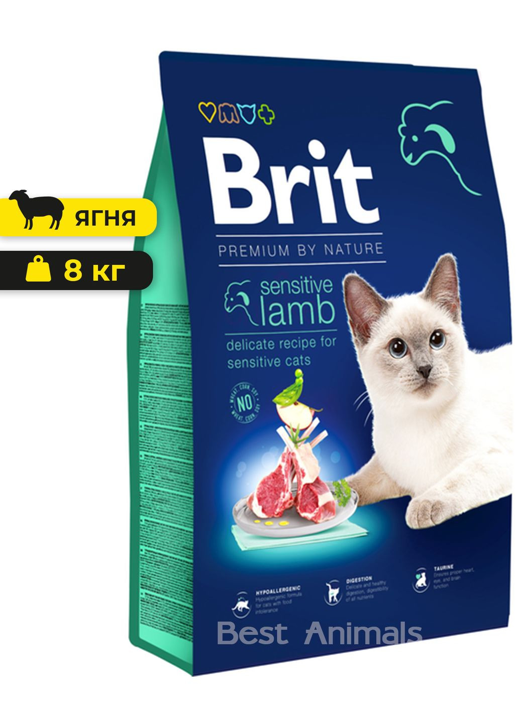 Сухий корм з ягням Sensitive Бріт преміум для котів з чутливим травленням 8 кг (8595602553266) Brit Premium (362703318)