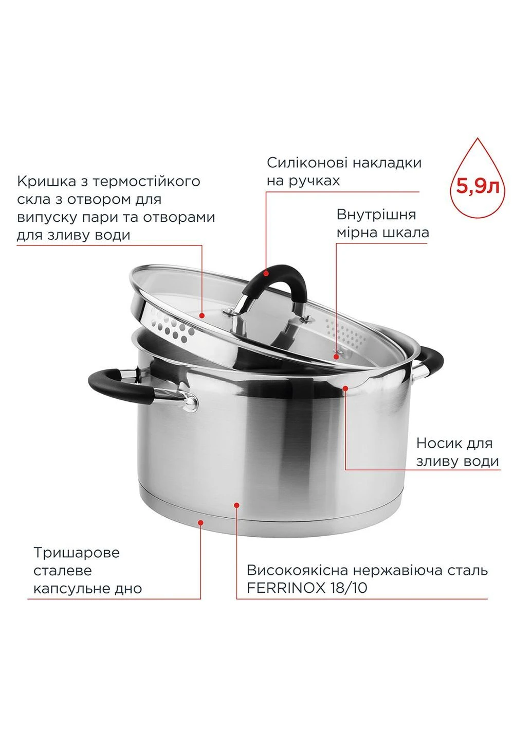 Каструля Progresso 5,9 л з кришкою 24 см 50055 Vinzer (398233989)