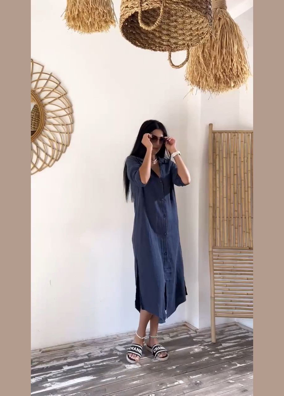 Темно-синя кежуал сукня з льону довжини міді сукня-сорочка MonCher