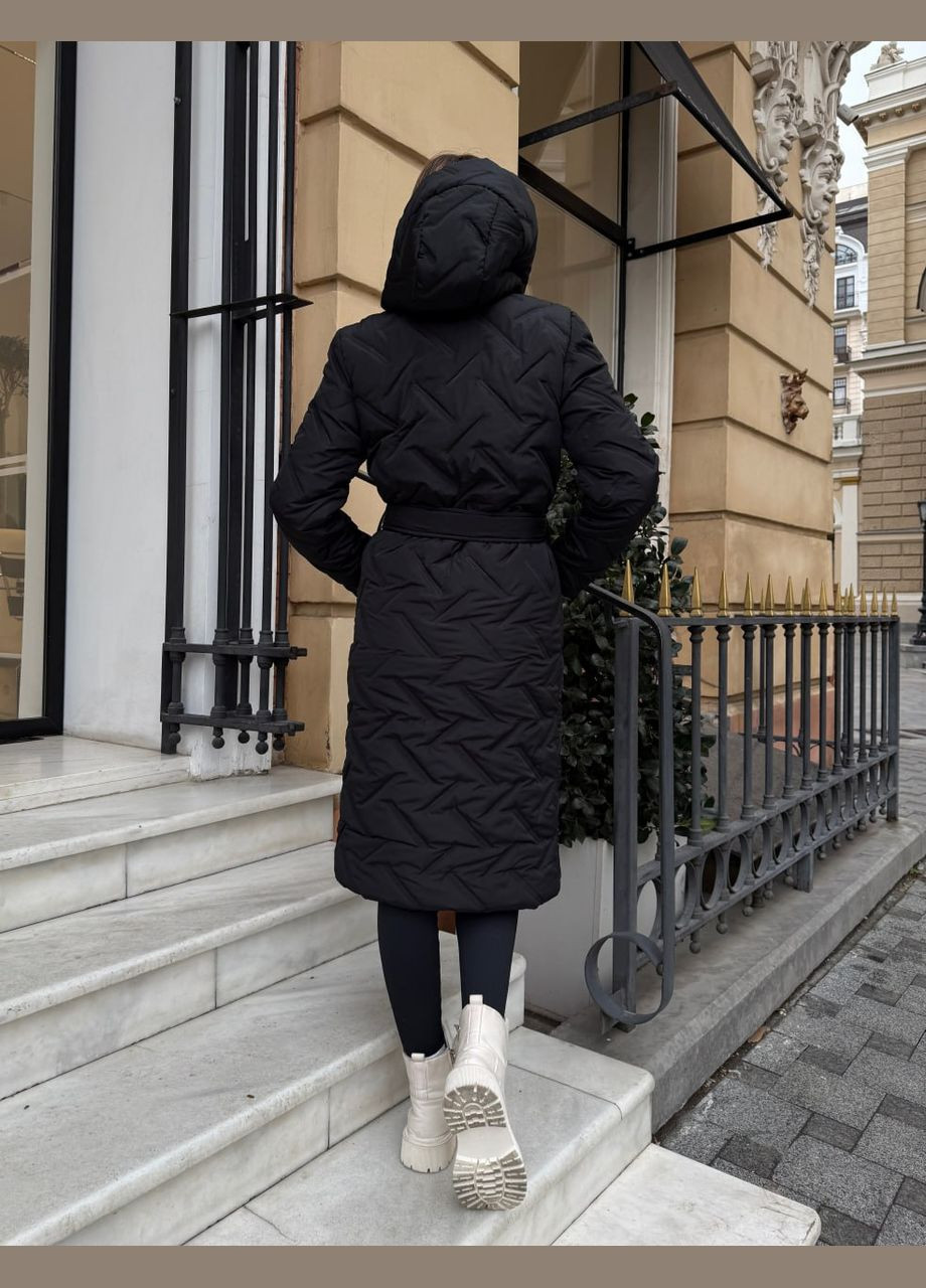 Чорне зимнє Утеплене чорне пальто на підкладці з поясом у комплекті – стильний та комфортний вибір для прохолодної погоди No Brand