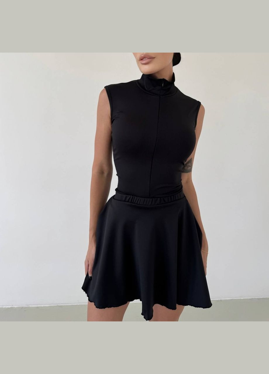 Жіночий фітнес комплект комбез+спідниця Style Point комбінезон-шорти однотонний чорний спортивний дайвінг