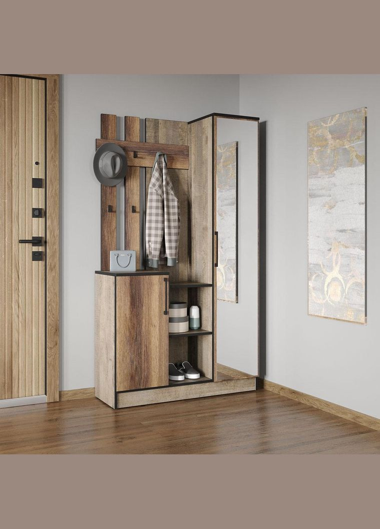 Cтильна прихожа з дзеркалом, дверцятами та крючками для одягу від KO-0004 Гранж Пісочний/Дуб Кверкус MORELI (361035288)