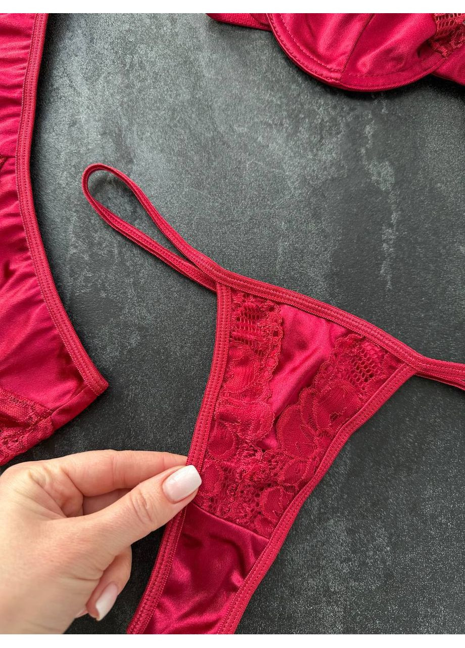 Бордовий балконет комплект білизни "premium" з поясом та гартери Vital-Textile з кісточками поліестер, еластан