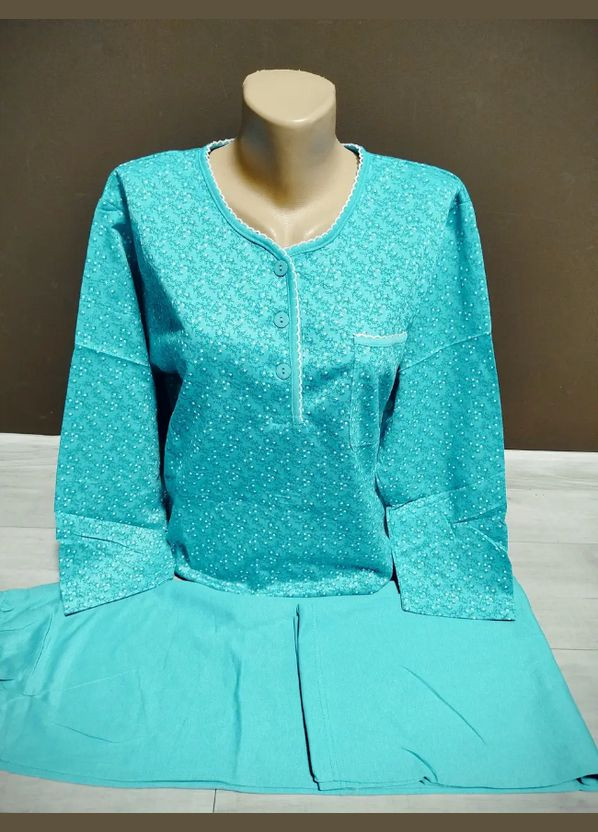 Зелена зимня тепла піжама жіноча з мікроначосом батал квіточки в'єтнам  46-52 розміри реглан та штани байка лонгслів + брюки No Brand Піжама