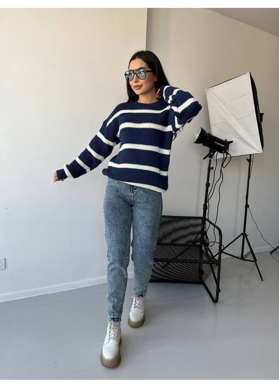 Синий демисезонный женский свитер в полоску джемпер No Brand