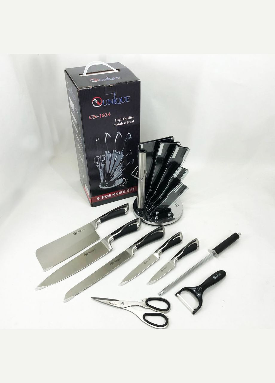 Набор ножей UN-1834 с вращающейся подставкой 9 предметов, Ножи кухонные из нержавеющей стали Unique (364663843)