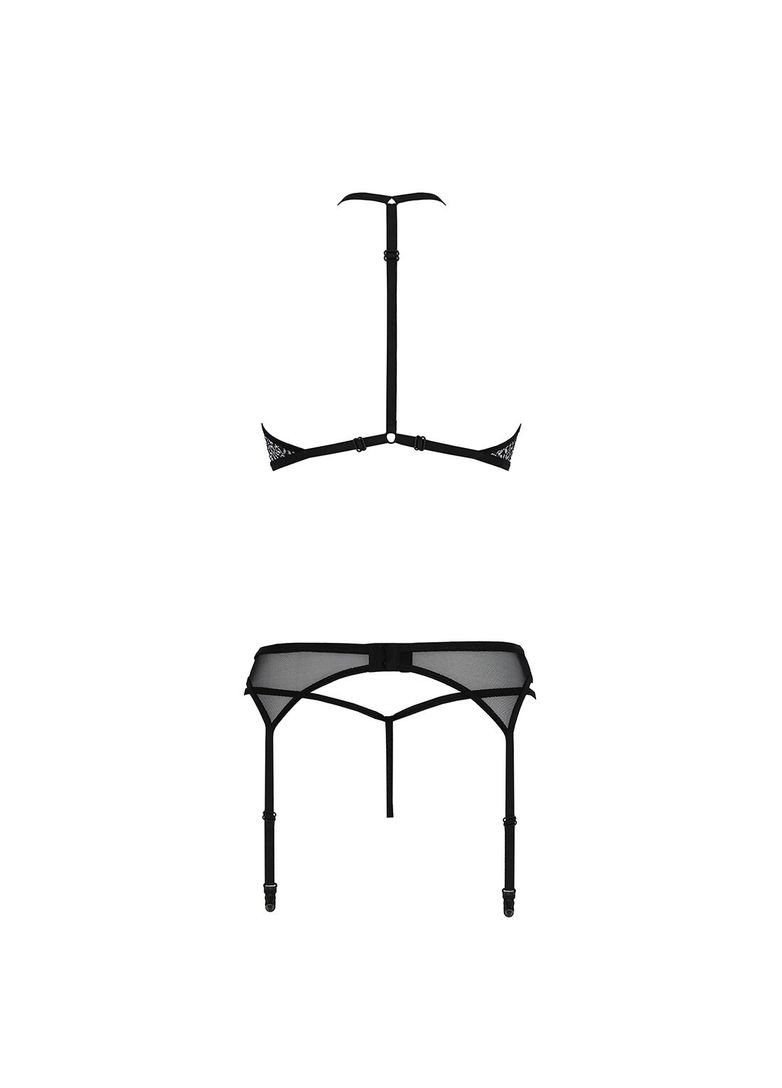 Комбинированный демисезонный комплект белья satara set l/xl black, топ, пояс для чулок, стринги Passion