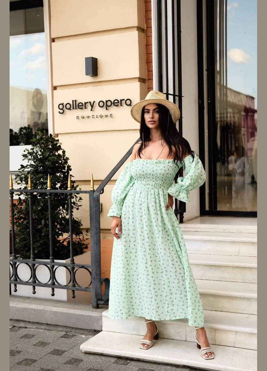 Мятное шикарное муслиновое (100% хлопок) платье в цветочном принте и с открытым декольте, мятное платье-миди с длинным рукавом No Brand