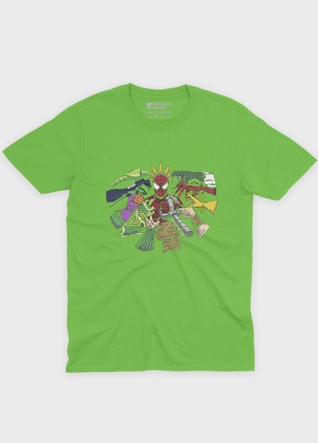 Салатова демісезонна футболка для хлопчика з принтом супергероя - людина-павук (ts001-1-kiw-006-014-014-b) Modno