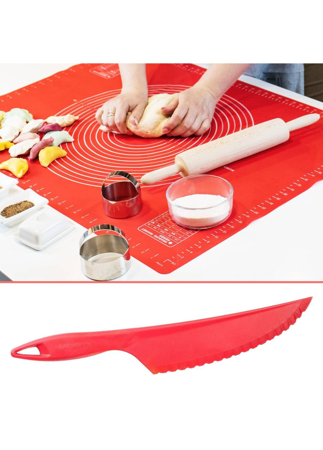 Комплект килимок силіконовий для розкочування тіста, випікання та заморожування напівфабрикатів 81х61 см і ніж Червоний A-Plus (300101232)