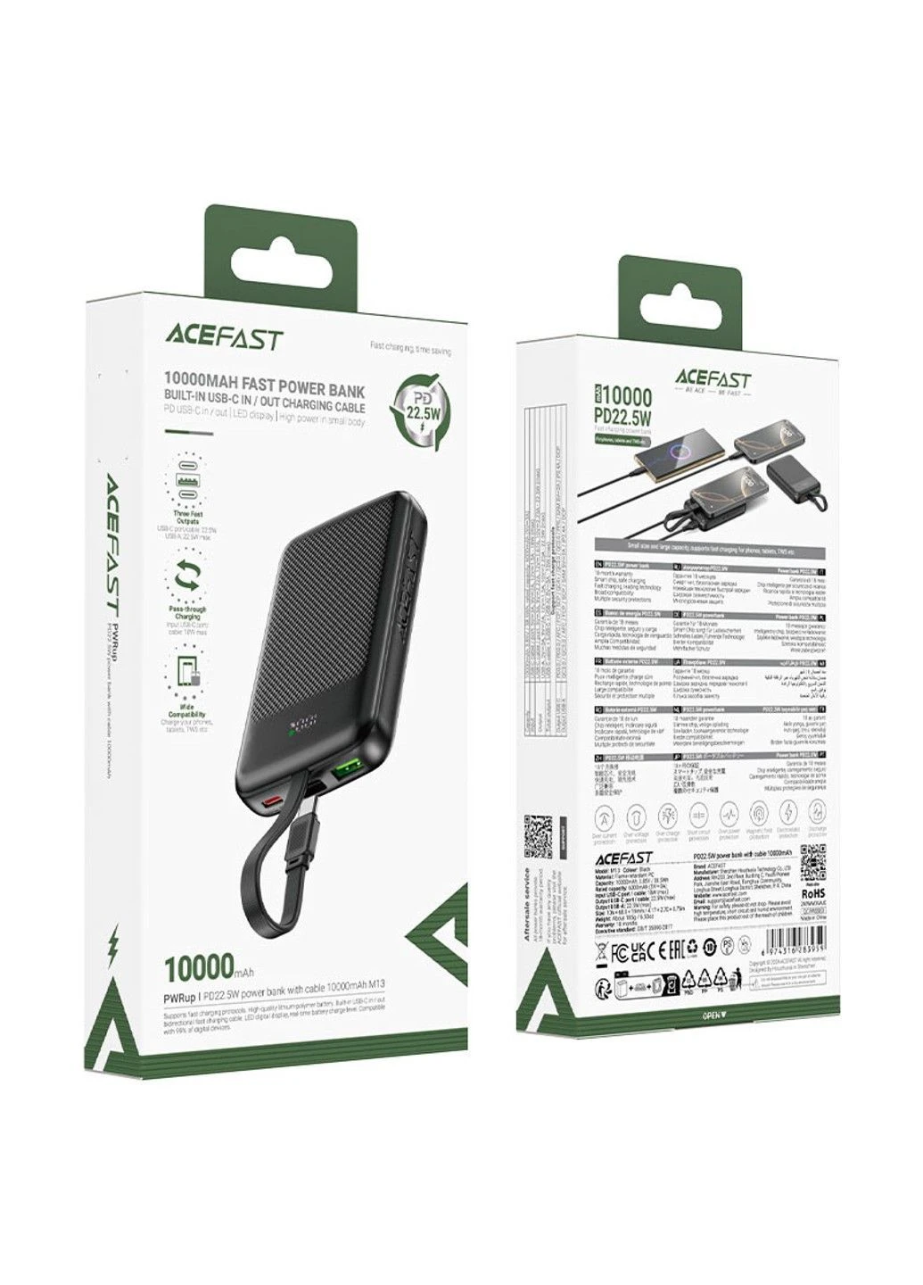 Внешний аккумулятор M13 PD22.5W Power Bank with cable 10000mAh Black Acefast (388529820)