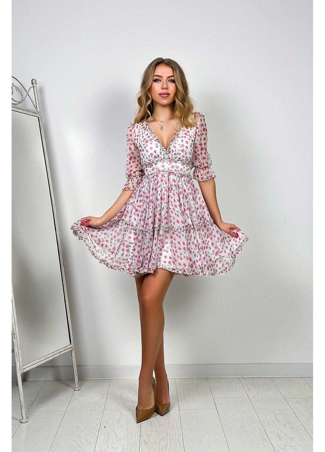 Молочное шифоновое платье цветочный принт 24016 молочное. Tanita-Romario