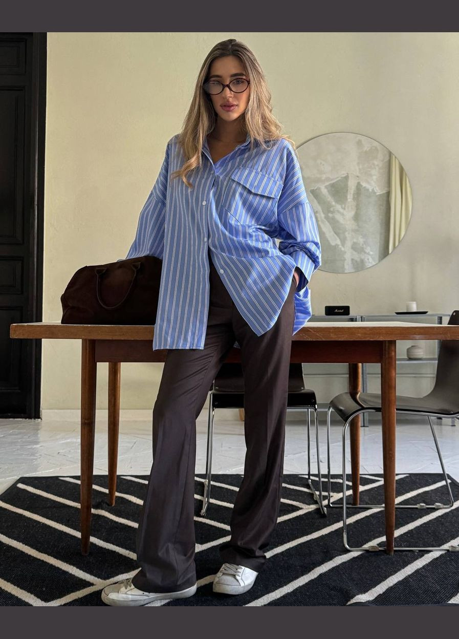 Голубой кэжуал рубашка в полоску MonCher с длинным рукавом