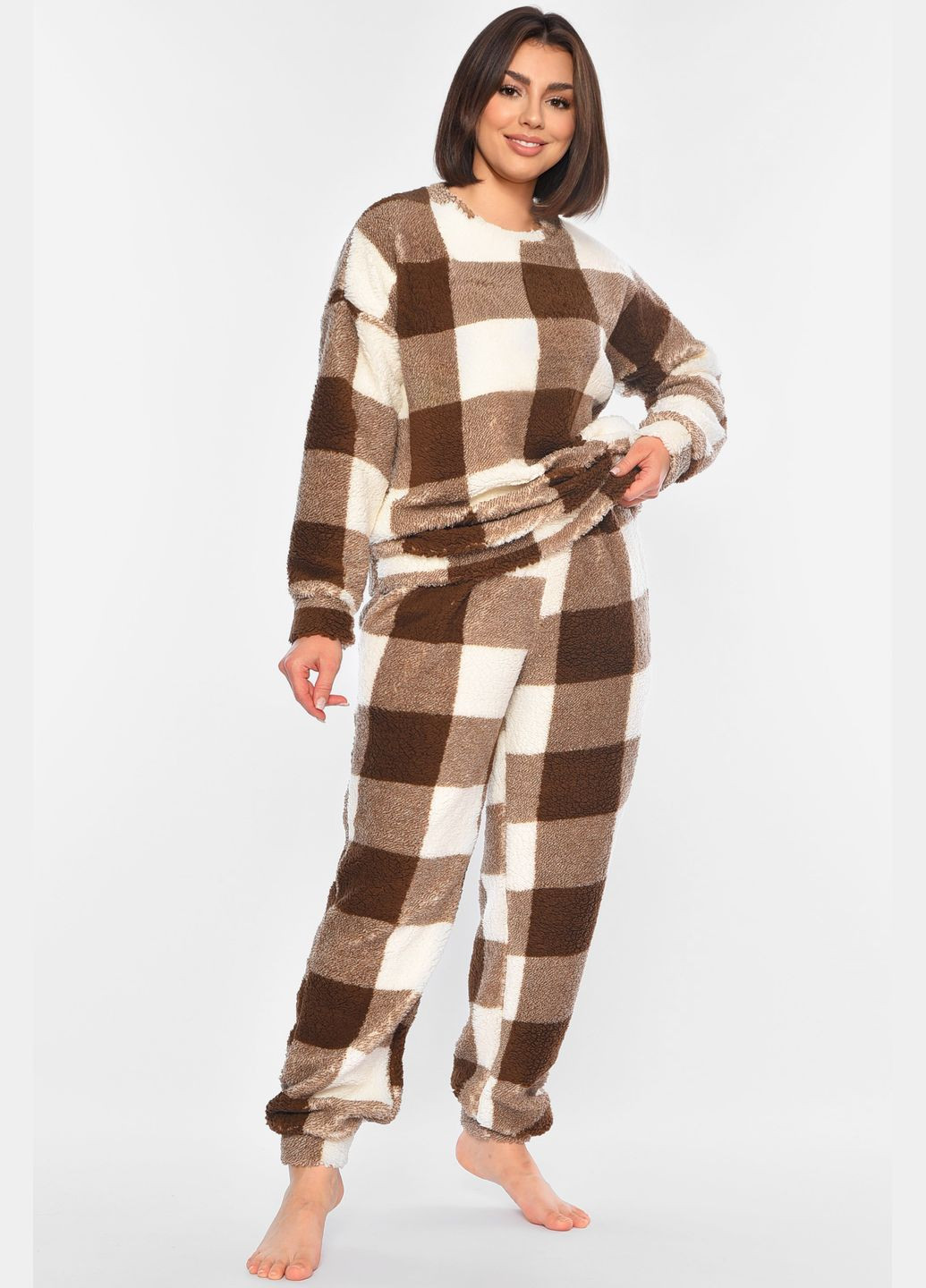 Коричнева зимня піжама жіноча коричневого кольору в клітинку кофта + брюки Let's Shop